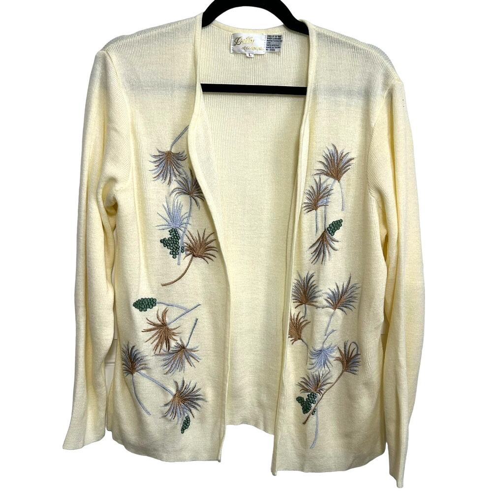 Vintage Lilly California Embroidered Pine Branch Cardigan L Cream Cottage Knit